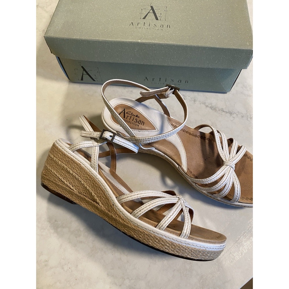 Clark's Artisan White Espadrille Wedge Sandals 10M Summer